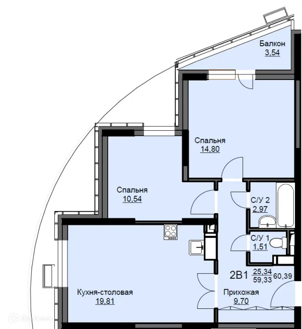 Планировка 2 комн. в ЖК "Соболевка"
