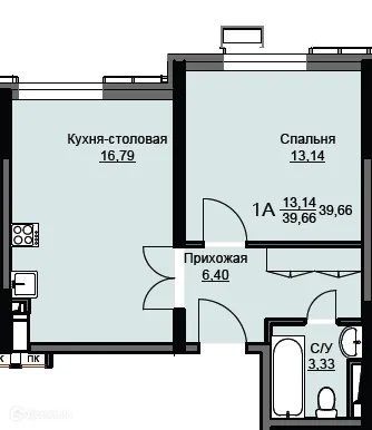 Планировка 1 комн. в ЖК "Соболевка"