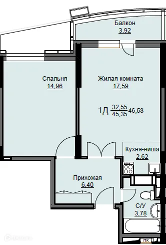 Планировка 1 комн. в ЖК "Соболевка"