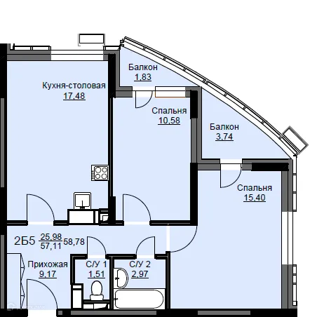 Планировка 2 комн. в ЖК "Соболевка"