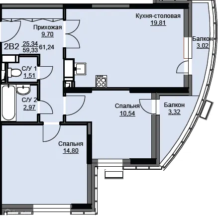 Планировка 2 комн. в ЖК "Соболевка"