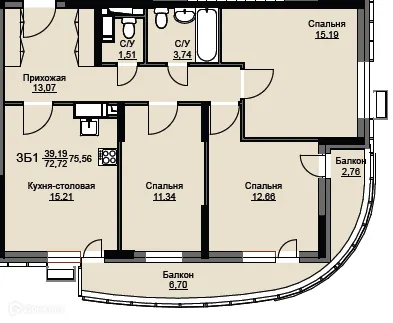 Планировка 3 комн. в ЖК "Соболевка"