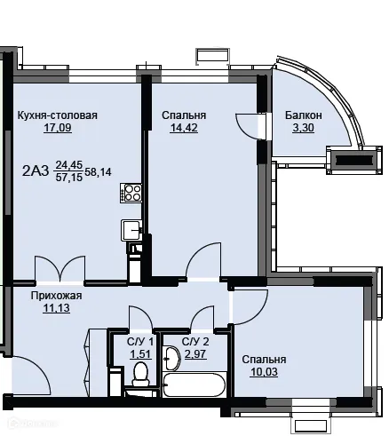 Планировка 2 комн. в ЖК "Соболевка"