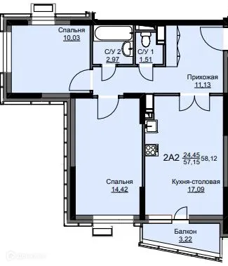 Планировка 2 комн. в ЖК "Соболевка"