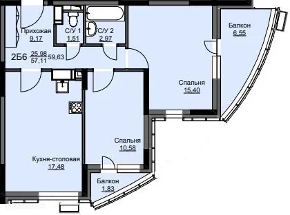 Планировка 2 комн. в ЖК "Соболевка"