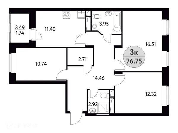 Планировка 3 комн. в ЖК Солнечная Долина
