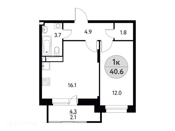 Планировка 1 комн. в ЖК Солнечная Долина