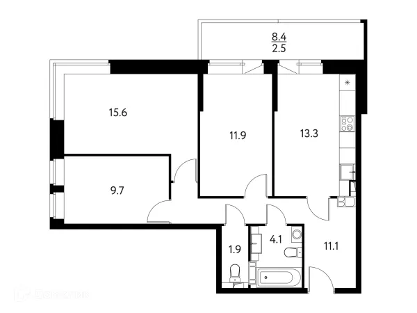 Планировка 3 комн. в ЖК Солнечный парк