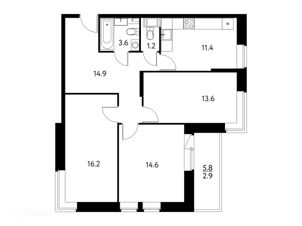 Планировка 3 комн. в ЖК Солнечный парк