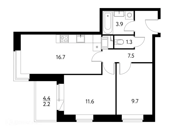 Планировка 2 комн. в ЖК Солнечный парк