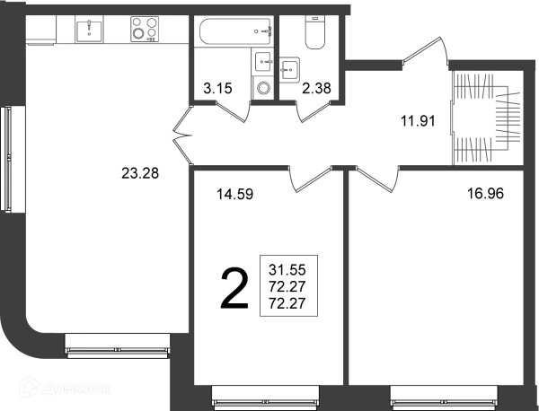 Планировка 2 комн. в ЖК "Мишино-2"