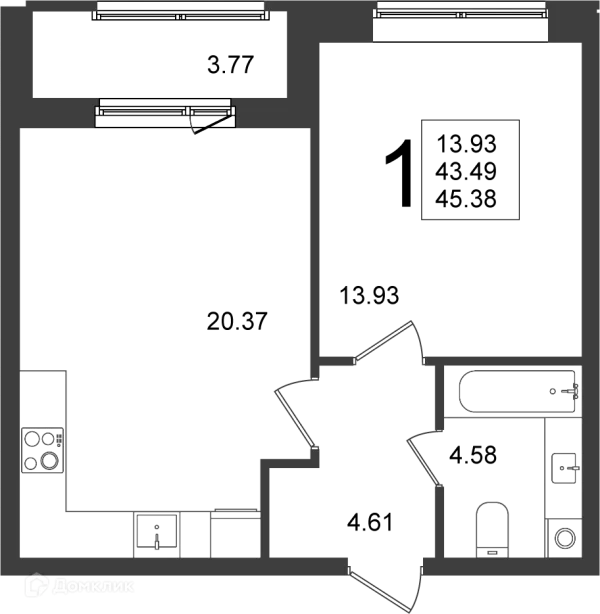 Планировка 1 комн. в ЖК "Мишино-2"