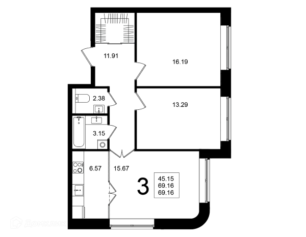 Планировка 3 комн. в ЖК "Мишино-2"
