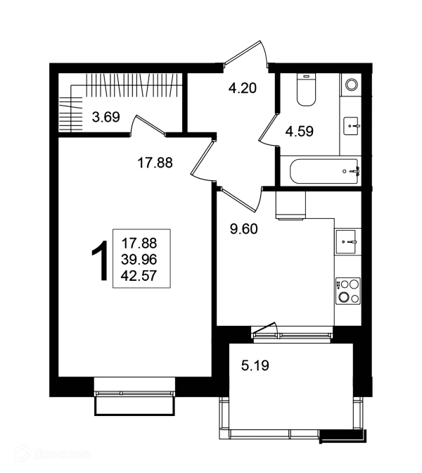 Планировка 1 комн. в ЖК "Мишино-2"