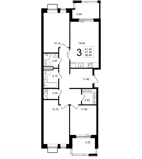 Планировка 3 комн. в ЖК "Мишино-2"