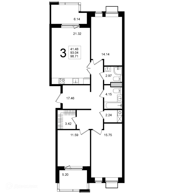 Планировка 3 комн. в ЖК "Мишино-2"