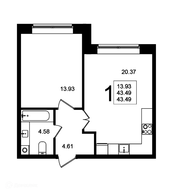 Планировка 1 комн. в ЖК "Мишино-2"