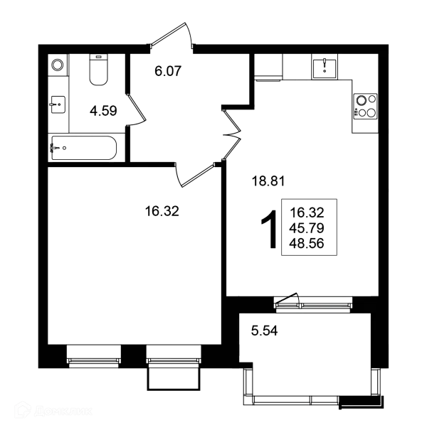 Планировка 1 комн. в ЖК "Мишино-2"