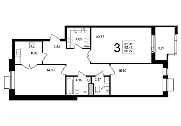 Планировка 3 комн. в ЖК "Мишино-2"