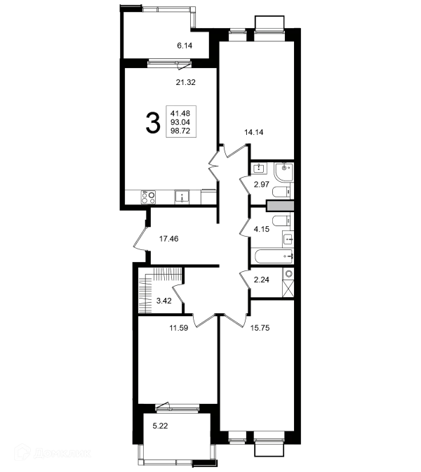 Планировка 3 комн. в ЖК "Мишино-2"