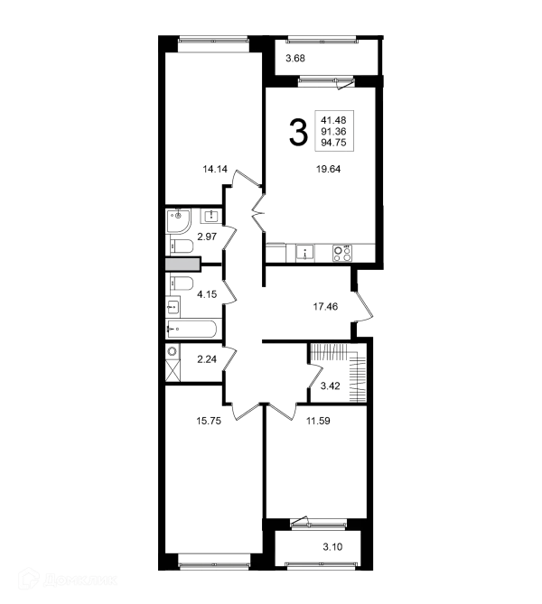 Планировка 3 комн. в ЖК "Мишино-2"