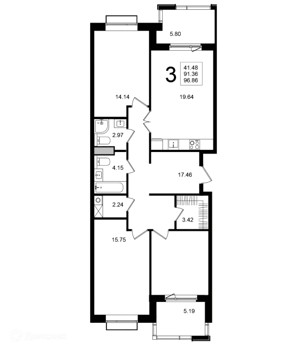 Планировка 3 комн. в ЖК "Мишино-2"
