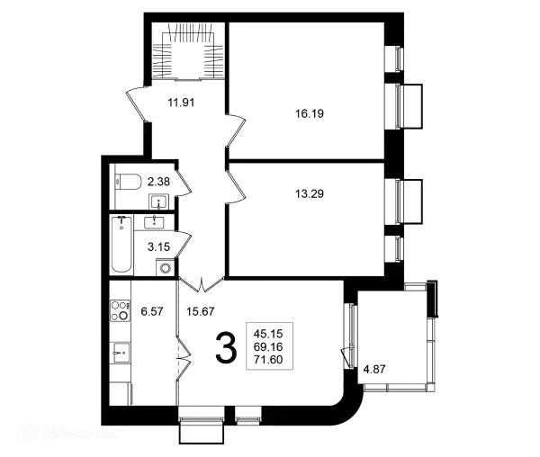 Планировка 3 комн. в ЖК "Мишино-2"