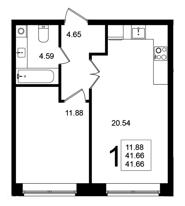 Планировка 1 комн. в ЖК "Мишино-2"