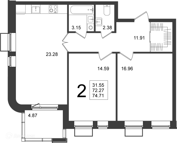 Планировка 2 комн. в ЖК "Мишино-2"