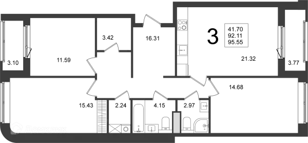 Планировка 3 комн. в ЖК "Мишино-2"