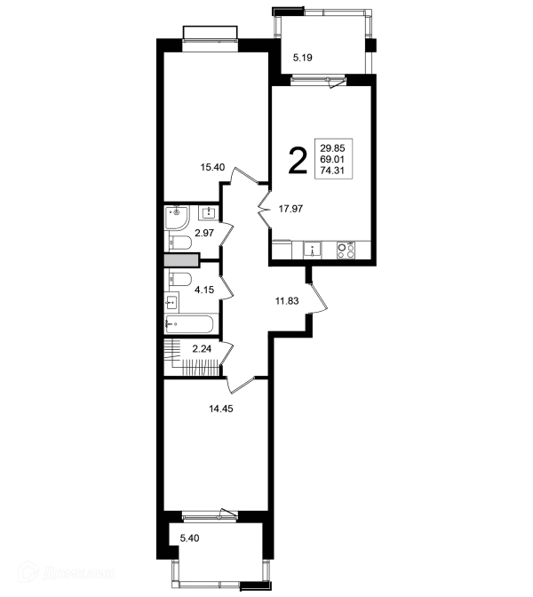 Планировка 2 комн. в ЖК "Мишино-2"