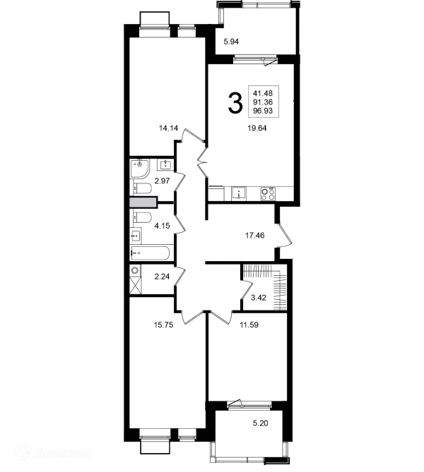 Планировка 3 комн. в ЖК "Мишино-2"