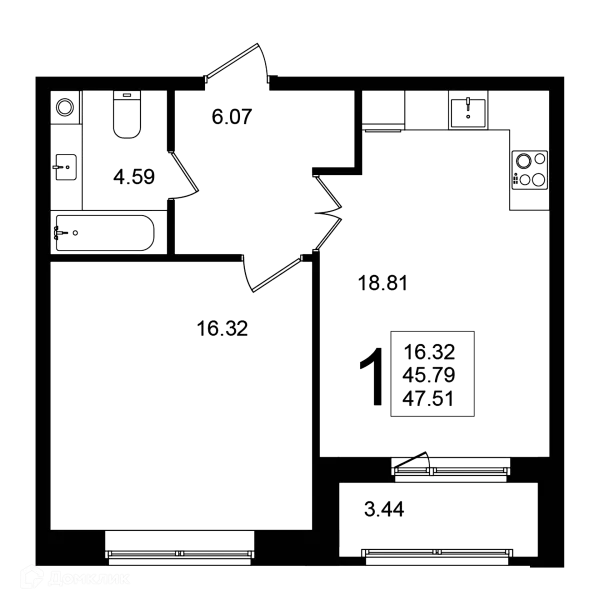 Планировка 1 комн. в ЖК "Мишино-2"