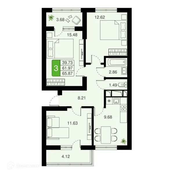 Планировка 3 комн. в ЖК Химки Тайм