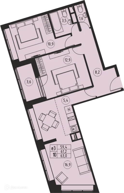 Планировка 3 комн. в ЖК "Ривер Парк"