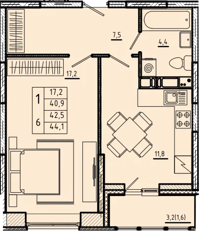 Планировка 1 комн. в ЖК "Ривер Парк"