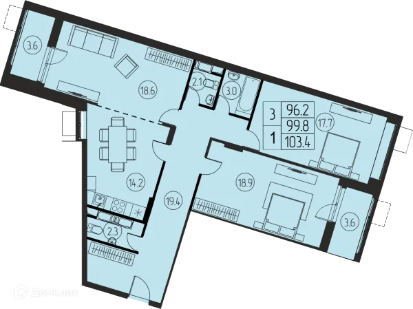 Планировка 3 комн. в ЖК "Ривер Парк"