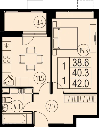 Планировка 1 комн. в ЖК "Ривер Парк"