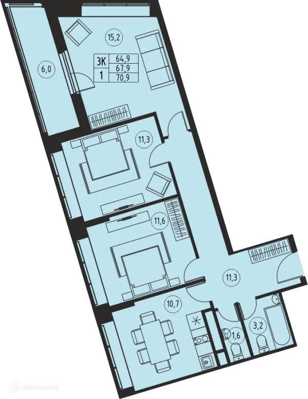 Планировка 3 комн. в ЖК "Ривер Парк"