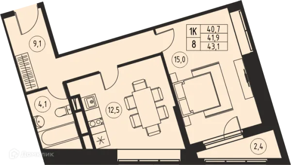 Планировка 1 комн. в ЖК "Ривер Парк"