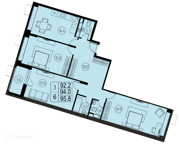 Планировка 3 комн. в ЖК "Ривер Парк"