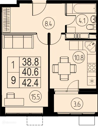 Планировка 1 комн. в ЖК "Ривер Парк"
