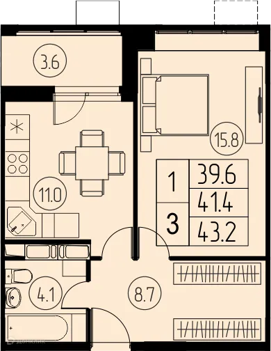 Планировка 1 комн. в ЖК "Ривер Парк"