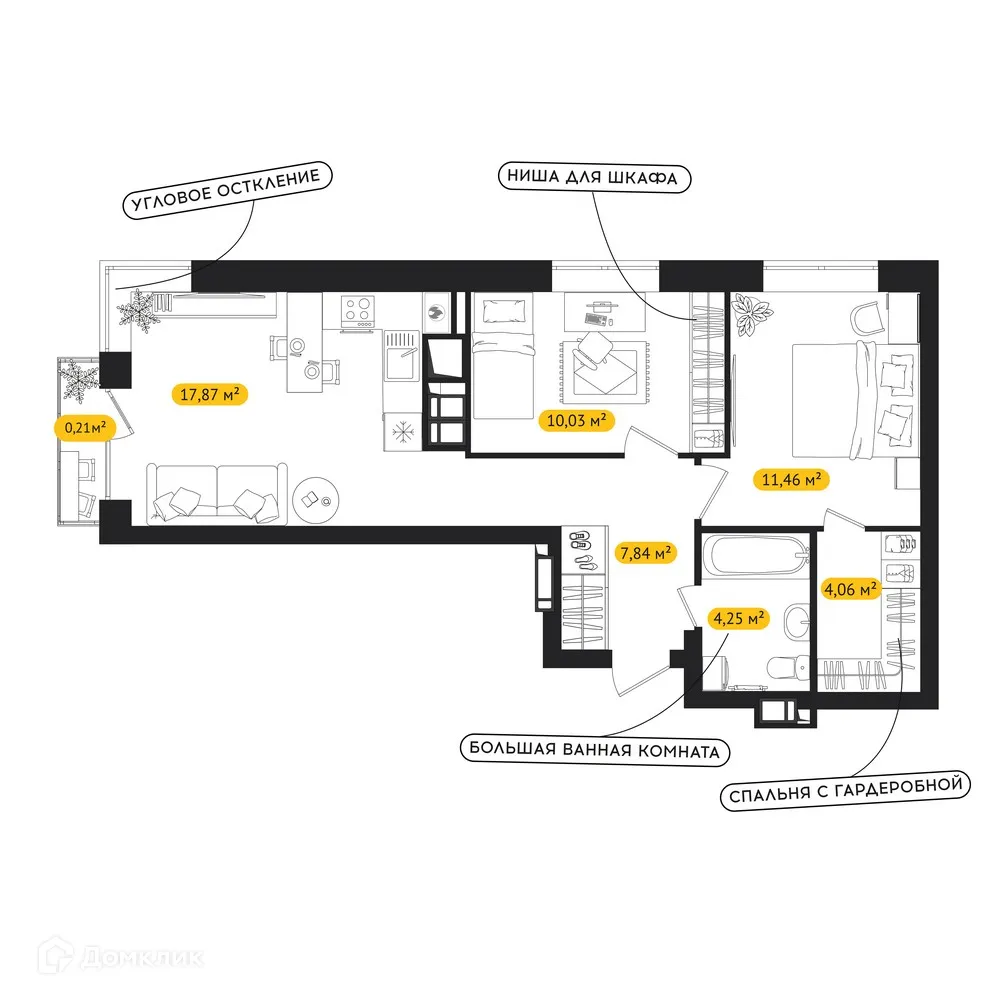Планировка 2-комнатной квартиры 56 м² в ЖК ПИПЛ, г. Астрахань — фото 1