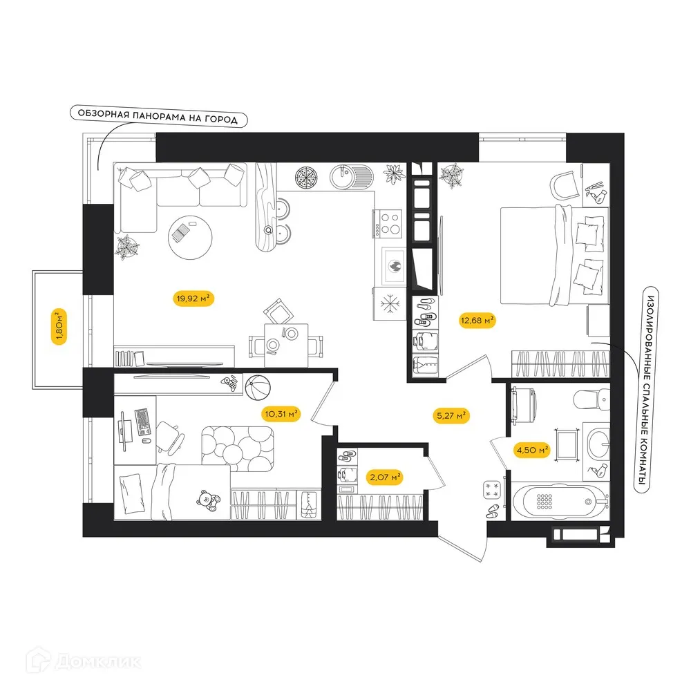 Планировка 2-комнатной квартиры 55.29 м² в ЖК ПИПЛ, г. Астрахань — фото 1