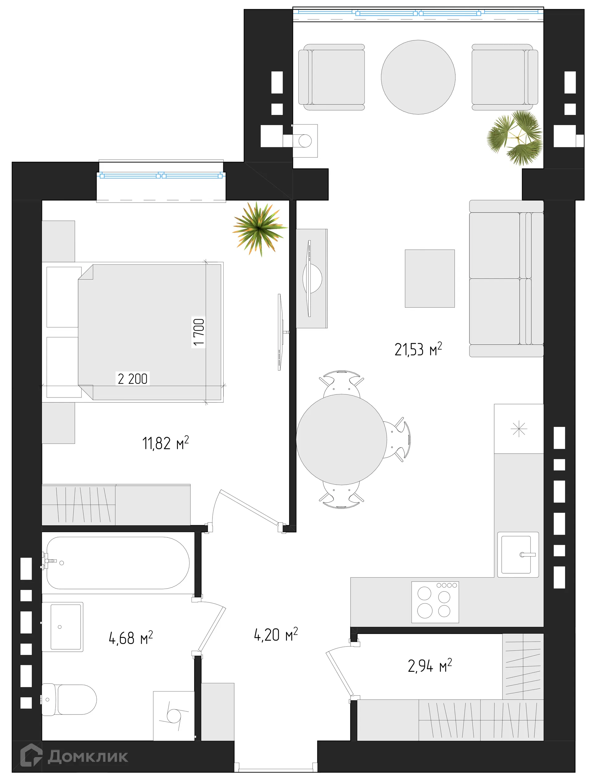 Планировка 1-комнатной квартиры 44.2 м² в ЖК Дом по ул. Некрасова, г. Брянск — фото 1