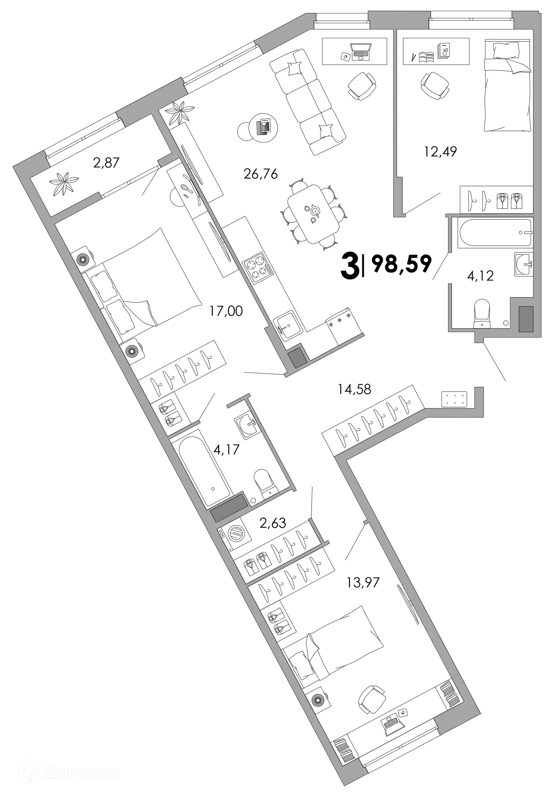 Планировка 3-комнатной квартиры 98.59 м² в ЖК UNO, г. Владимир — фото 1