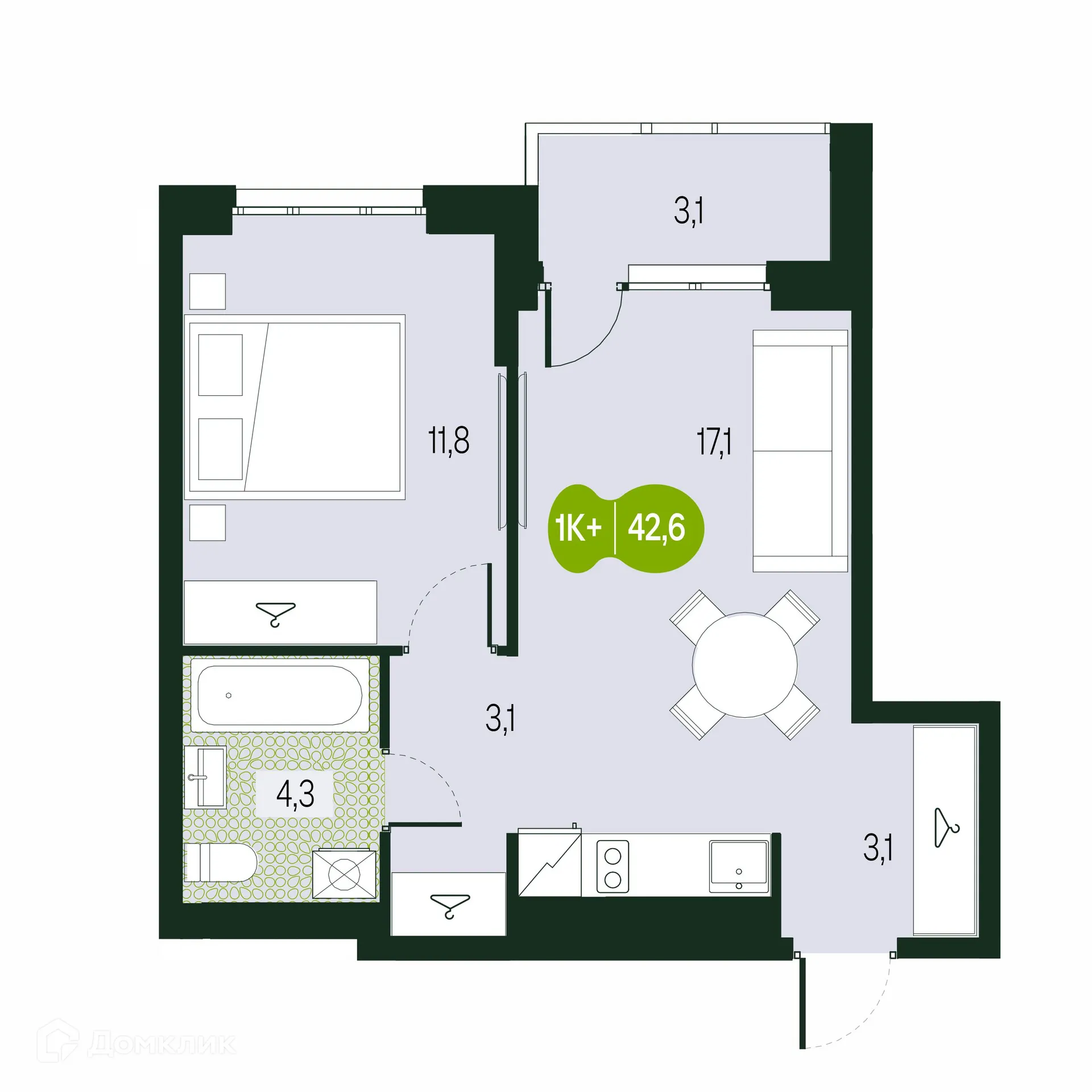 Планировка 2-комнатной квартиры 42.6 м² в ЖК Солнечный Город, г. Чита — фото 1