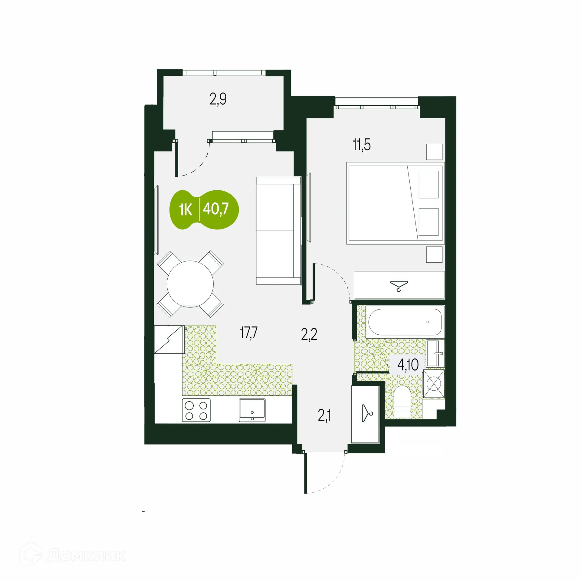 Планировка 2-комнатной квартиры 40.7 м² в ЖК Солнечный Город, г. Чита — фото 1
