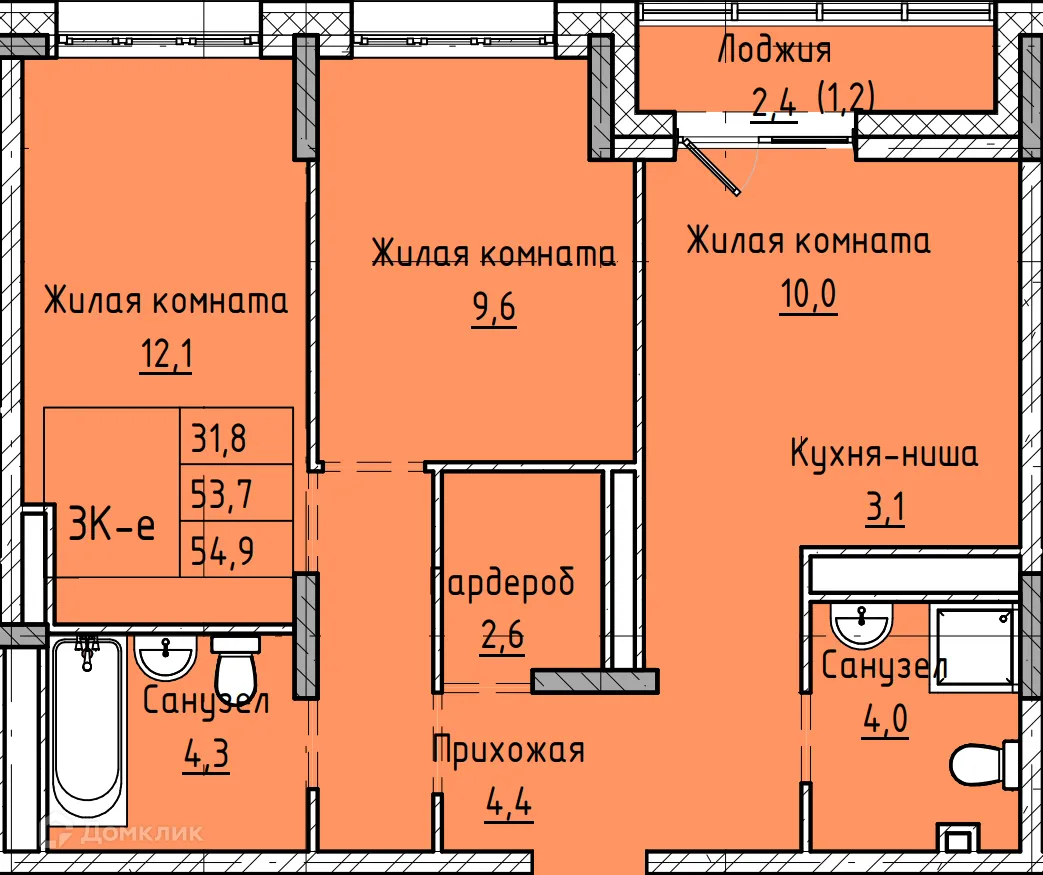 Планировка 3-комнатной квартиры 54.9 м² в ЖК Микрорайон КЕНОН РИВЬЕРА ПАРК, г. Чита — фото 1
